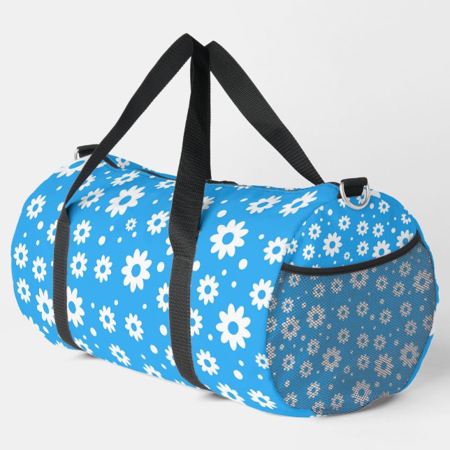 SAC DE SPORT BLEU CLAIR AVEC FLEURS JOURNALIÈRES BLANCHES (Coin droit)