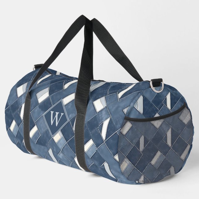 Sac De Sport Bleu Denim et Monogramme Initial Blanc (Coin droit)