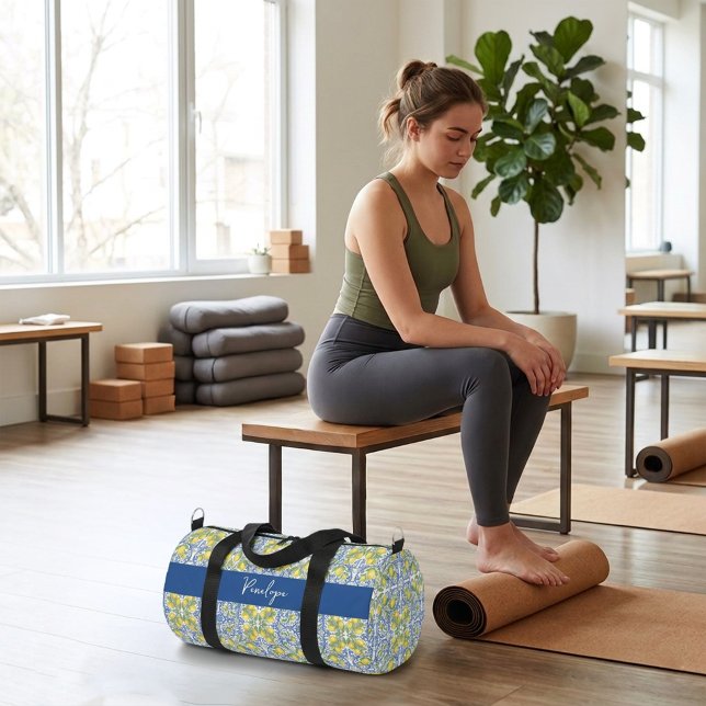 Sac De Sport Blue and Yellow Mediterranean Tile Pattern (Mediterranean Blue Citrus Lemon Tile Pattern Duffle Bag)