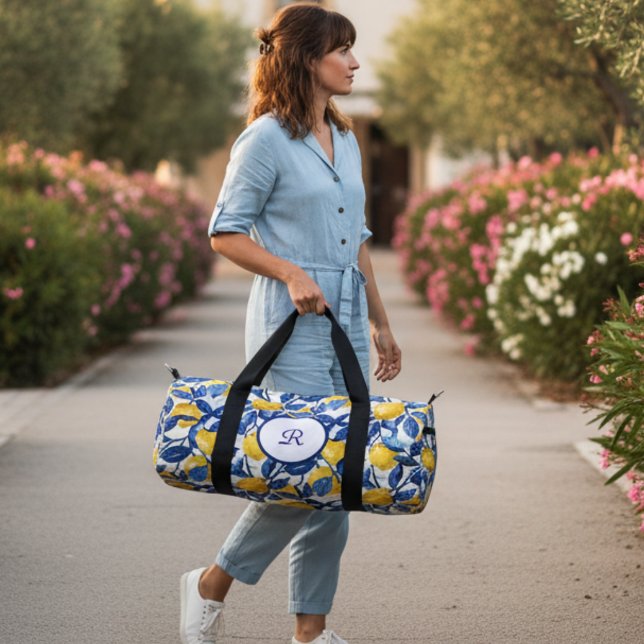 Sac De Sport Blue Watercolor Lemon Pattern Monogram (Créateur téléchargé)