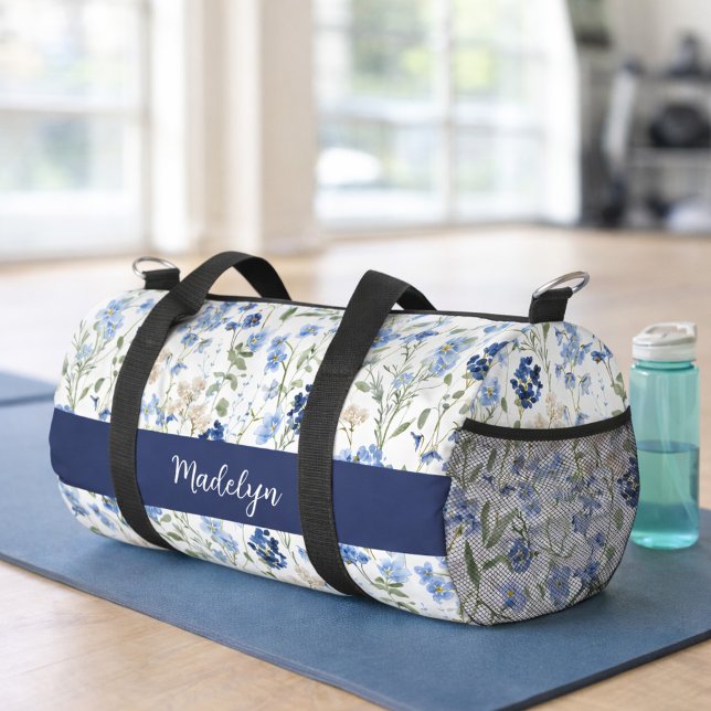 Sac De Sport Blue Watercolor Wildflower Monogram (Créateur téléchargé)