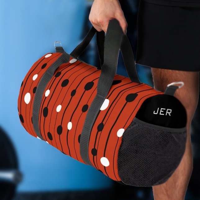 Sac De Sport Circles modernes Lignes Motif Rouge Noir Cool Pers (Modern Circles Lines Pattern Red Black Cool Custom Duffle Bag Close Up)