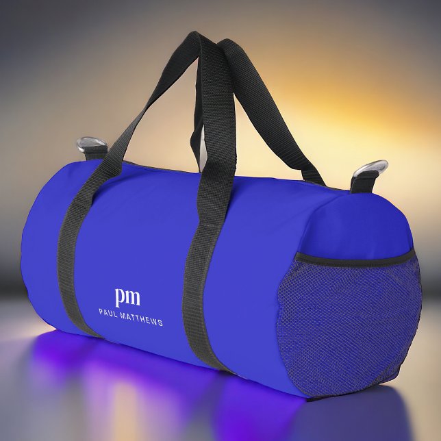 Sac De Sport Cobalt Bleu Simple Minimal Monogramme et nom (Personalize with your initials and name.)