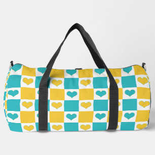 Sac De Sport Coeurs en damier en Turquoise et Jaune