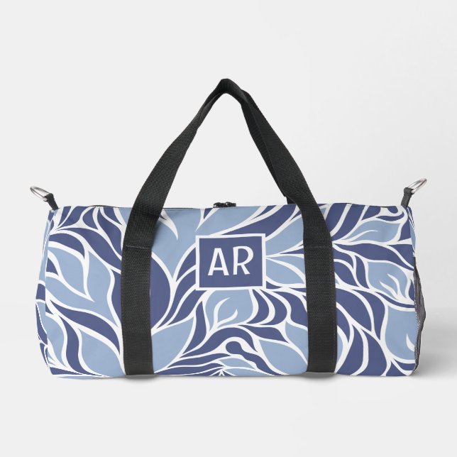 Sac De Sport Cool Bleu & Blanc Moderne Motif Floral Monogramme (Recto)