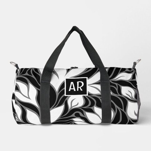 Sac De Sport Cool Noir & blanc Modèle Floral moderne Monogramme (Recto)