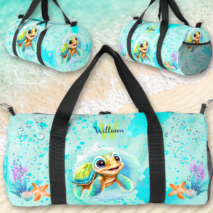 Sac De Sport Cute Happy Turtle Boy Ocean Blue Turquoise Nom