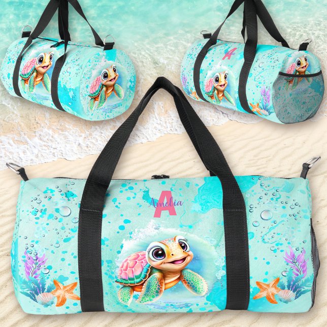 Sac De Sport Cute Happy Turtle Girl Ocean Rose Turquoise Nom (Cute Happy Turtle Girl Ocean Pink Turquoise Name Duffle Bag)
