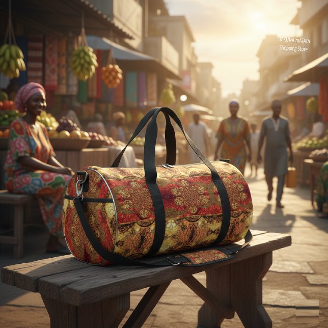 Sac De Sport Dernier Golden Red African Print Art Design (Carry culture, carry color! ✨ The Golden Red African Print Duffle Bag in a vibrant market scene.)