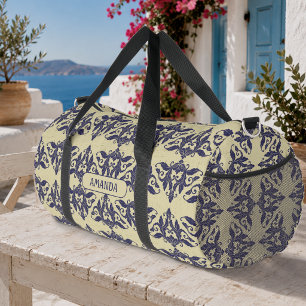 Sac De Sport Élégant damas vintage bleu marine jaune monogramme