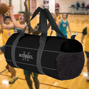 Sac De Sport Élégant Monogramme d'argent noir Nom personnalisé