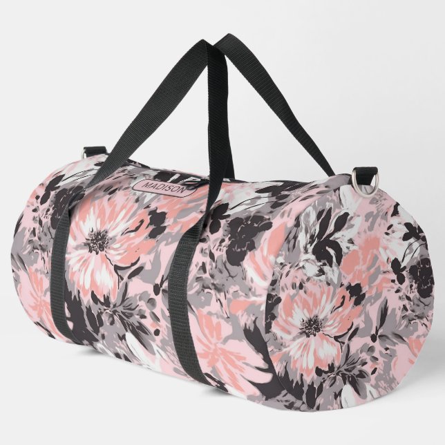 Sac De Sport Élégant motif floral gris rose Nom personnalisé (Coin gauche)