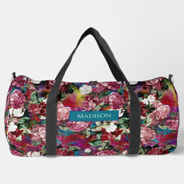 Sac De Sport Élégant rose fleurs rouge motif monogramme imprimé (Recto)