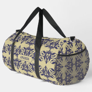 Sac De Sport Elégant vintage damassé marine bleu jaune monogram