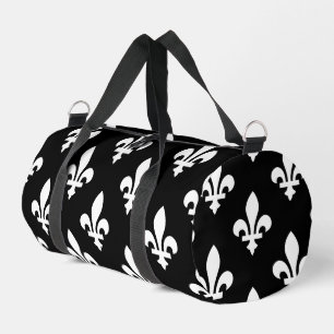 Sac De Sport Fleur de Lis Motif, Royal French, Blanc sur Noir