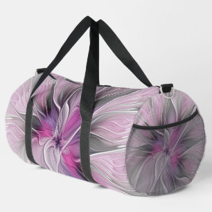 Sac De Sport Fractal Floral Moderne Abstrait Fleur Rose Gris