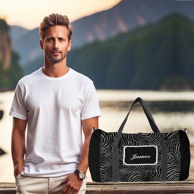 Sac De Sport Garçons Venteux Venteux Vave Motif blanc Monogramm (Boys Curly Windy Wavy White Pattern Monogram Black Duffle Bag)