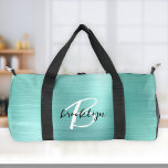 Sac De Sport Glam Aqua Métal brossé Noir Blanc Monogramme<br><div class="desc">Ce sac en duffel personnalisé est doté d'un monogramme et d'un prénom en écriture moderne noir et blanc sur un arrière - plan en métal brossé à l'aqua glam.</div>