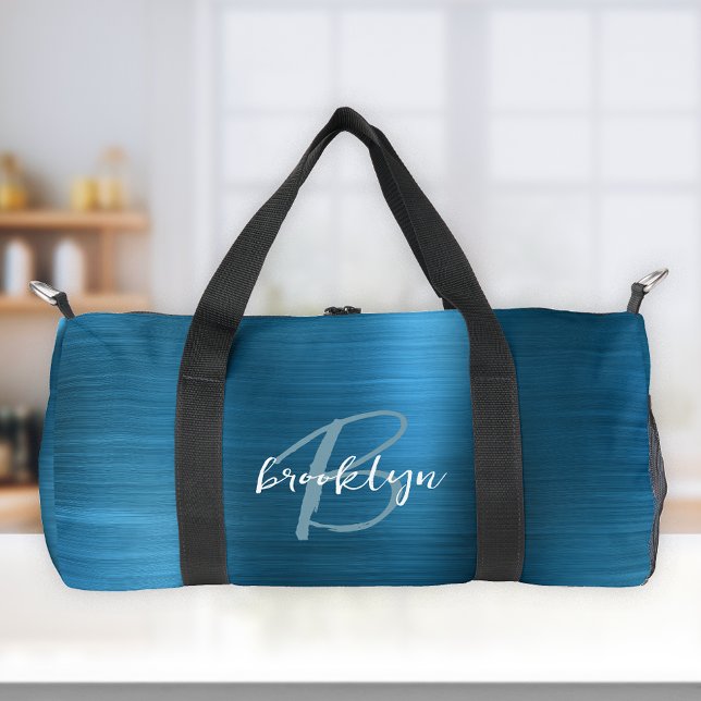 Sac De Sport Glam Turquoise Bleu Métal brossé Monogramme blanc (Créateur téléchargé)