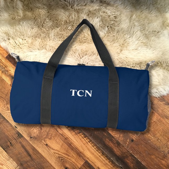 Sac De Sport Initiales de monogramme Nom Bleu Nuit Blanc (Navy Blue White Monogrammed Initials Name Duffel bag. Gift for him)