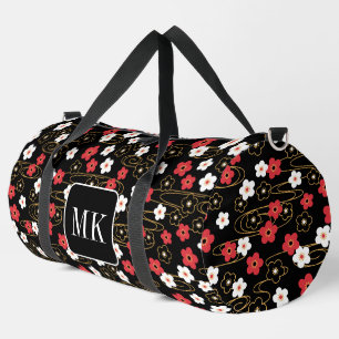 Sac De Sport Initiales du monogramme noir Sakura en fleurs