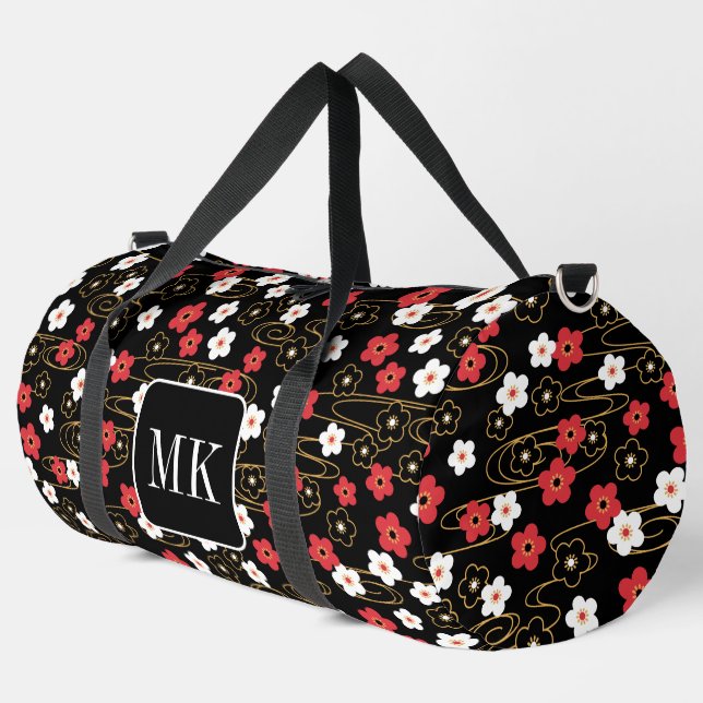 Sac De Sport Initiales du monogramme noir Sakura en fleurs (Coin gauche)