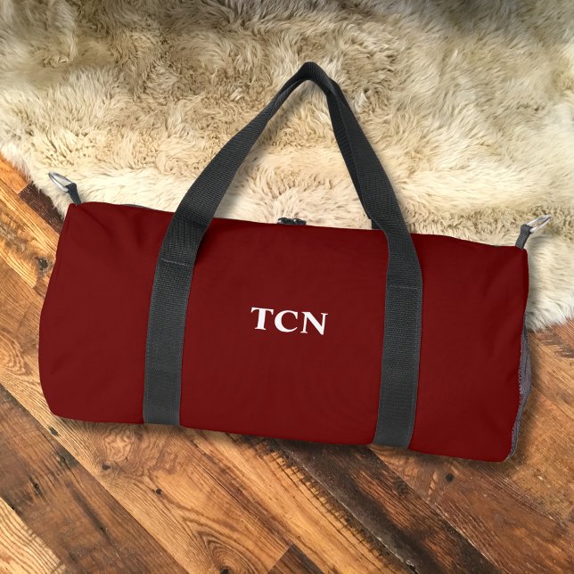 Sac De Sport Initiales Monogramme Nom Bordeaux Marron Rouge Fon (Monogrammed Initials Dark Red Burgundy Maroon with White initials Duffel Bag)