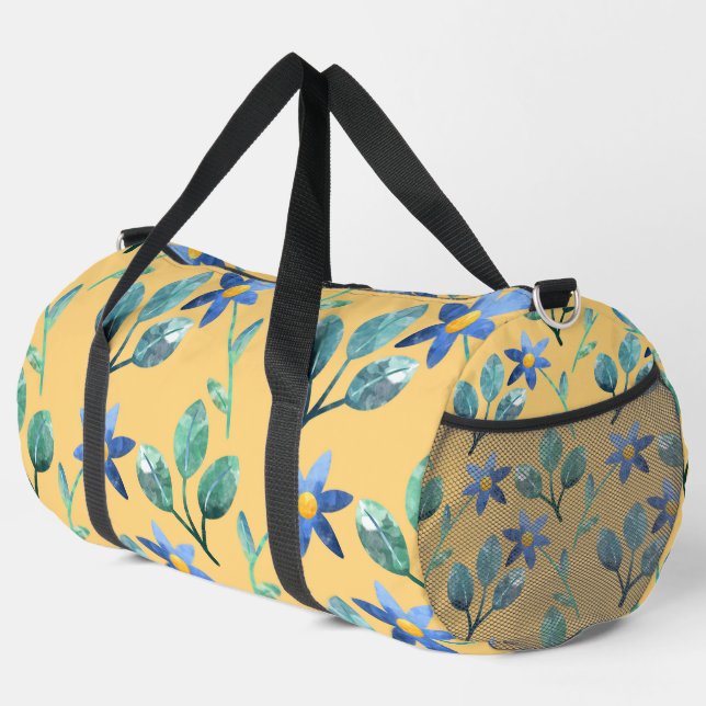 SAC DE SPORT JAUNE AVEC FLEURS D'EAU BLEU ET FEUILLES (Coin droit)