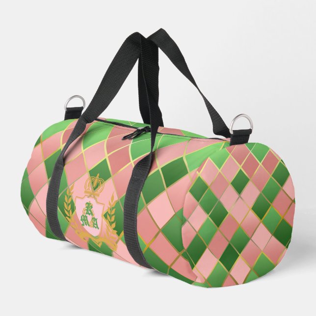 Sac De Sport Luxe Chic Preppy Pink Green Argyle Monogram Crest (Coin gauche)