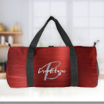 Sac De Sport Monogramme blanc brillant rouge brossé métal gris<br><div class="desc">Ce sac en duffel personnalisé est doté d'un monogramme et d'un prénom en écriture moderne gris et blanc sur un arrière - plan en métal brossé en faux rouge glam.</div>