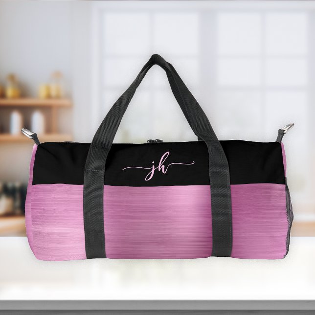 Sac De Sport Monogramme chic en écriture rose sur métal brossé  (Créateur téléchargé)