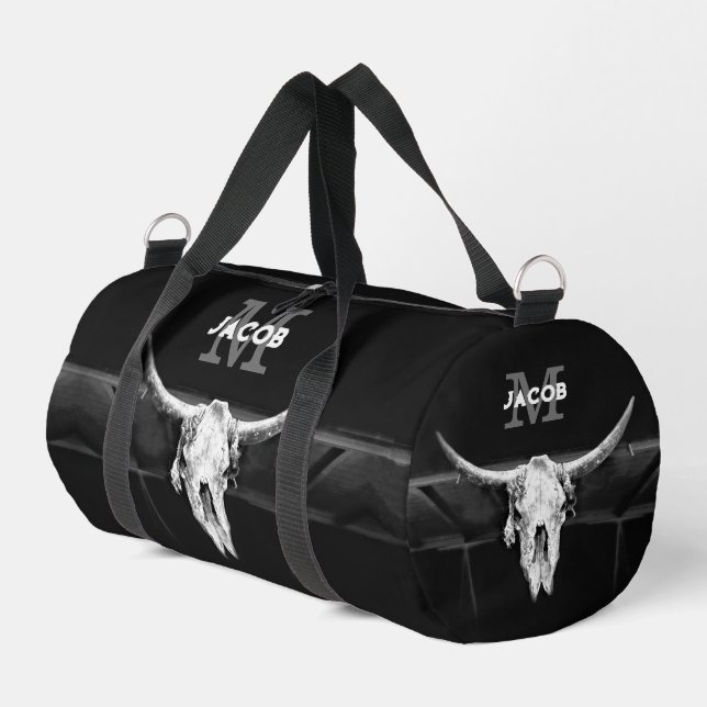 Sac De Sport Monogramme de crâne de taureau rustic western noir (Coin gauche)
