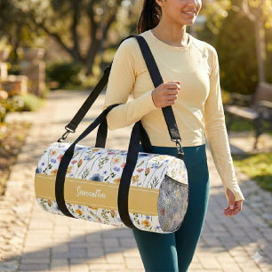 Sac De Sport Monogramme de fleur sauvage aquarelle jaune bleu r