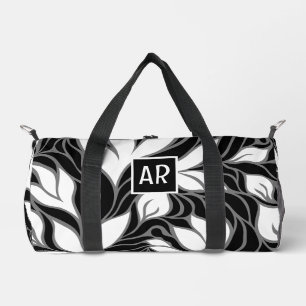 Sac De Sport Monogramme de motif floral moderne noir et blanc