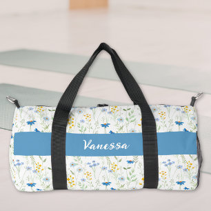 Sac De Sport Monogramme de nom de fleur sauvage aquarelle bleue