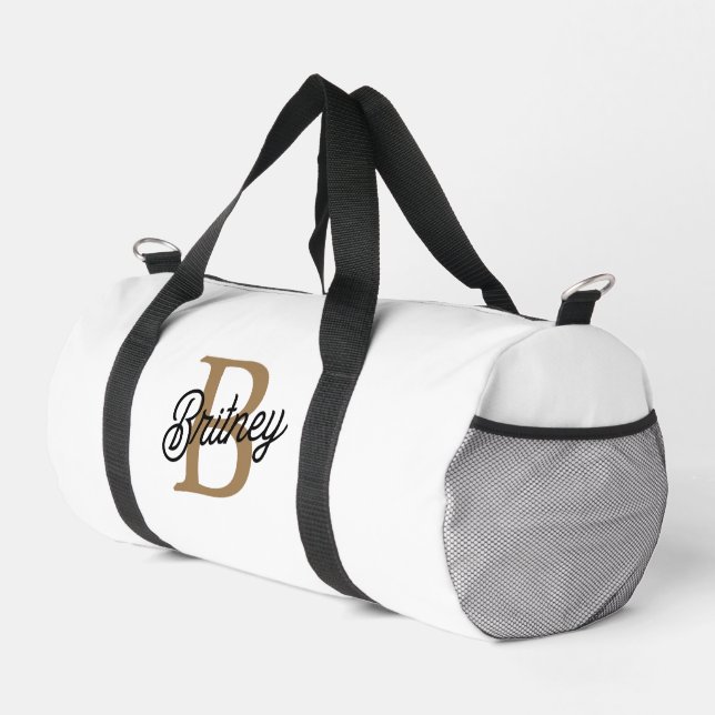 Sac De Sport Monogramme de nom élégant moderne Script noir or  (Coin droit)