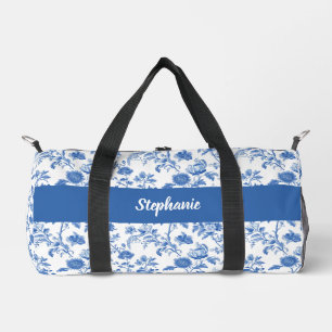 Sac De Sport Monogramme de nom floral vintage bleu blanc