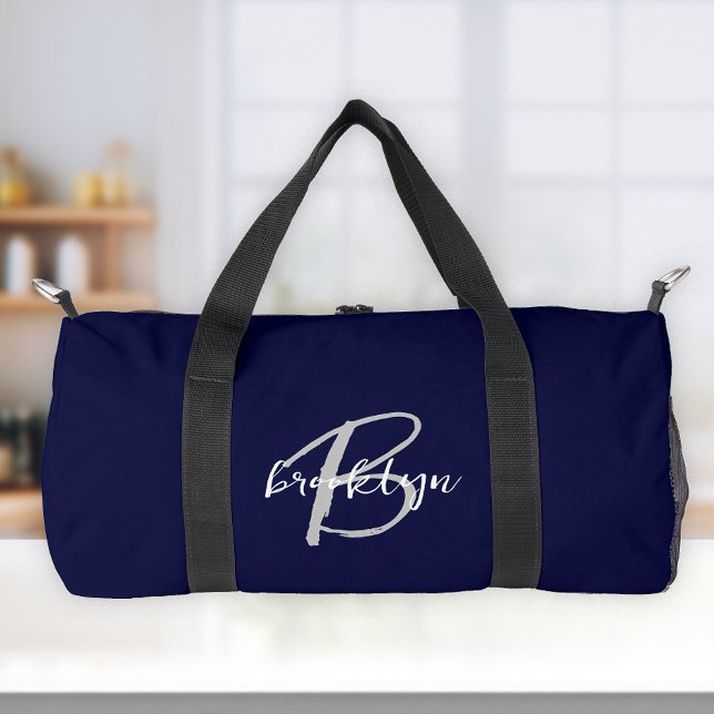Sac De Sport Monogramme de style manuscrit blanc gris bleu mari (Créateur téléchargé)