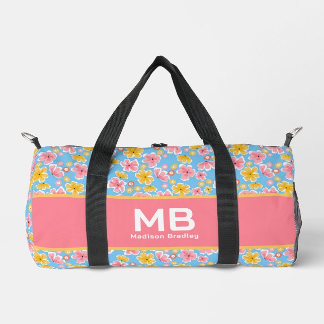 Sac De Sport Monogramme Fille Floral Rose Bleu Personnalisé Nom (Recto)