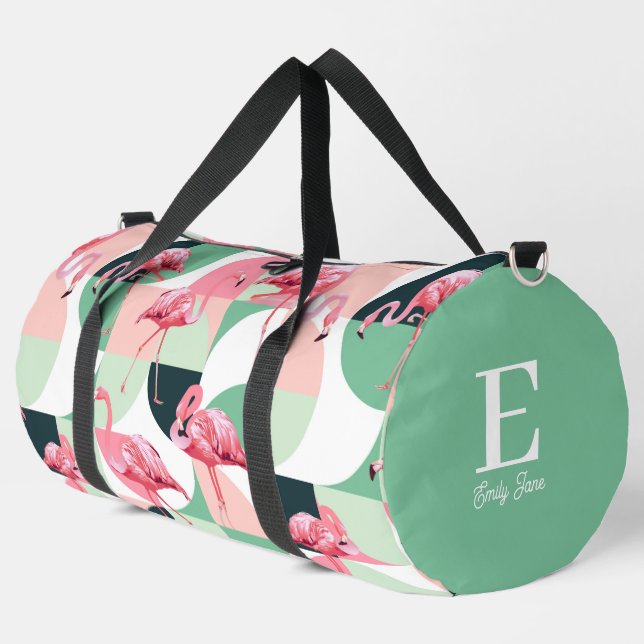 Sac De Sport Monogramme Flamant rose rose moderne Nom géométriq (Coin gauche)