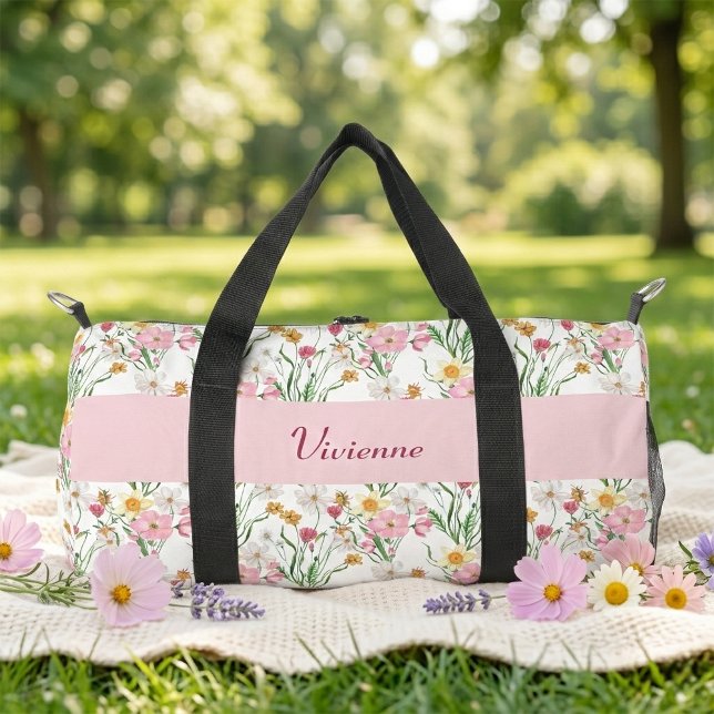 Sac De Sport Monogramme Fleur de Monogramme Aquarelle Rose Vert (Pink Green Wildflower Watercolor Monogram Name Floral Pattern Duffel Bag)