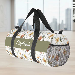 Sac De Sport Monogramme Fleur Sauvage Aquarelle Bohème Verte