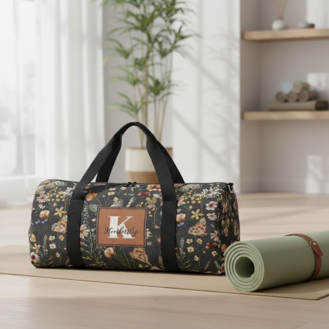 Sac De Sport Monogramme Floral Boho Moderne Nom (Créateur téléchargé)