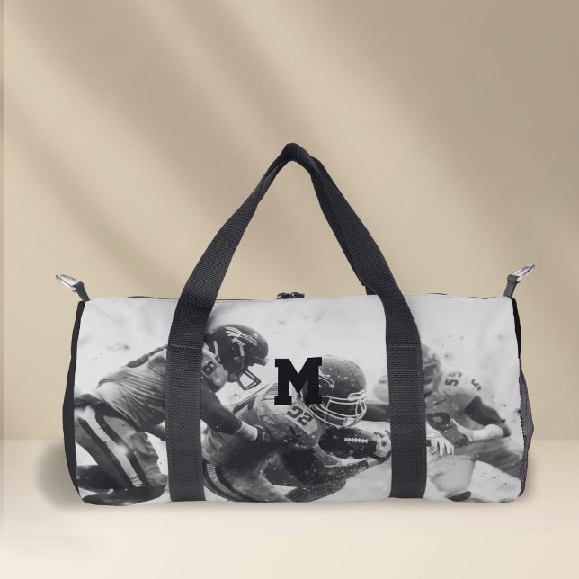 Sac De Sport monogramme personnalisé, football noir et blanc (Personalized Monogram, Black and white Sport, Soccer Duffel Bag.)