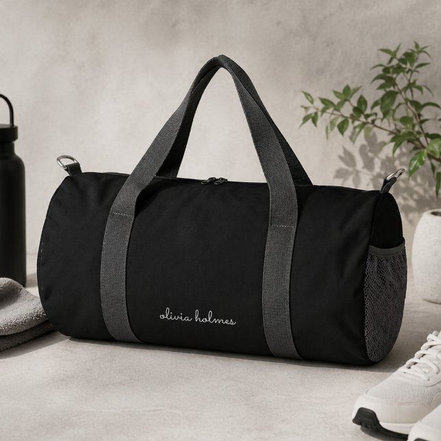 Sac De Sport Monogramme Tendance | Nom de Script Noir Moderne (Créateur téléchargé)