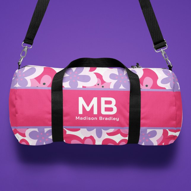 Sac De Sport Monogramme Tropical Rose Floral Nom personnalisé (Créateur téléchargé)