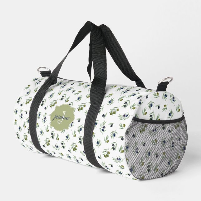 Sac De Sport Motif chic aquarelle Monogramme nom Vert olive (Coin droit)