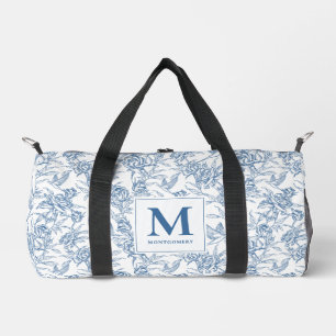 Sac De Sport Motif floral Toile de Jouy française bleue Monogra