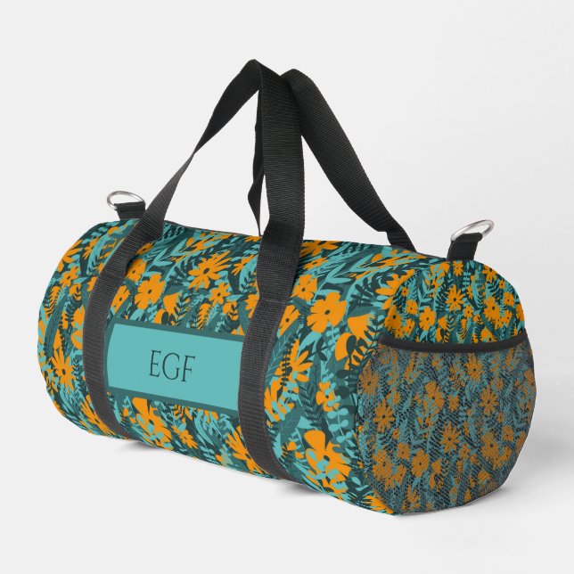 Sac De Sport Motif floral vert, turquoise et orange monogrammé (Coin droit)