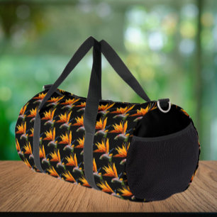 Sac De Sport Motif Plante Orange Bird of Paradise sur Noir